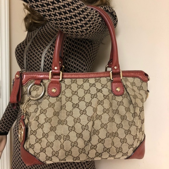 Gucci GG Canvas Sukey Beige Dark Red Top Handle - Picture 8 of 8